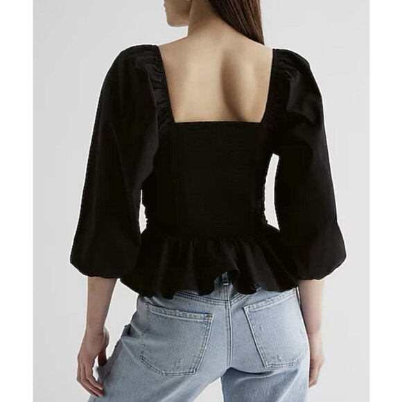 Express Women's V-Neck Pleated Peplum Top Size XS Black 3/4 Puff Sleeves NWT $74 - Picture 4 of 16